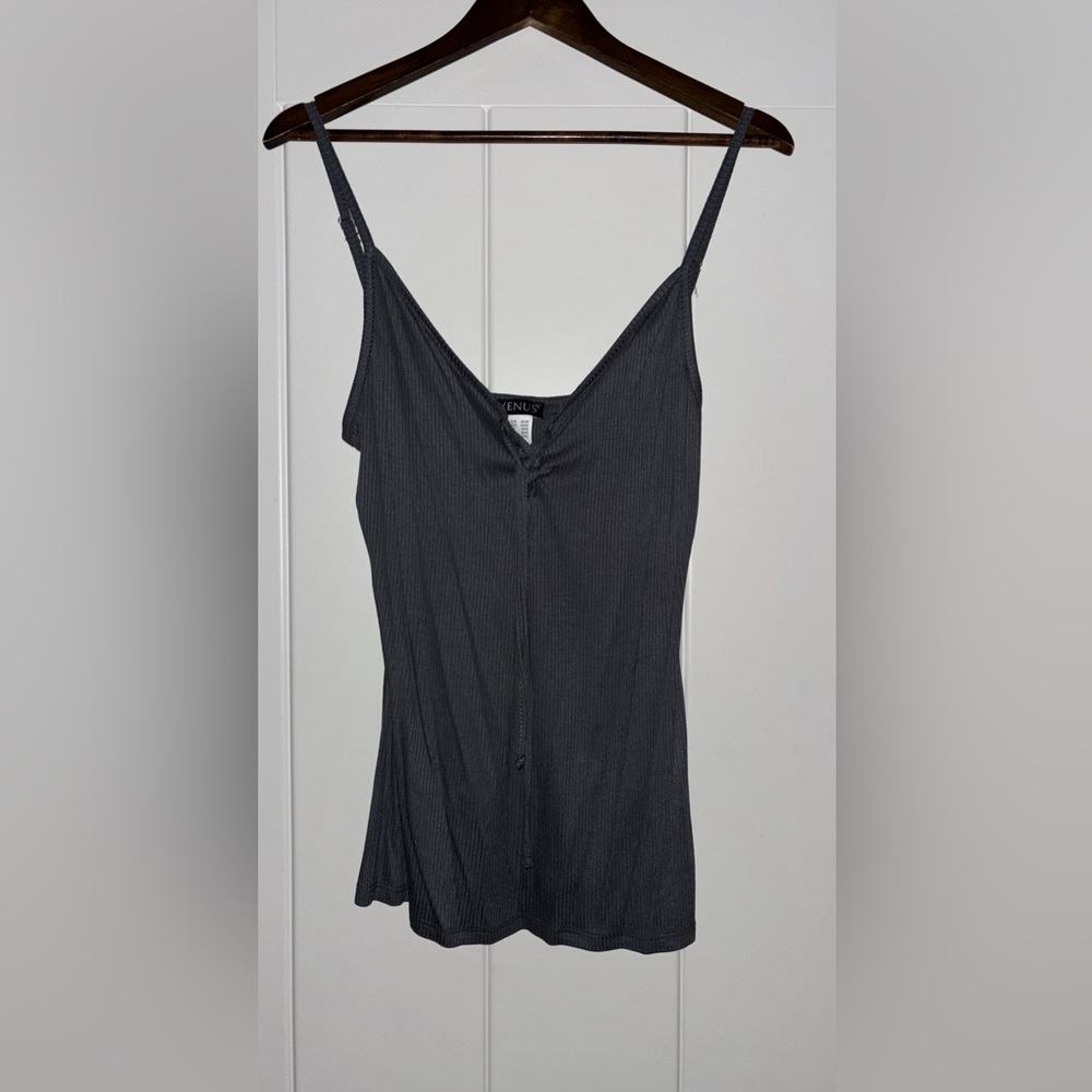 Lascana Ribbed V-Neck Gray Tank Top Women L Strappy‎ SummerBeach Travel Vacation